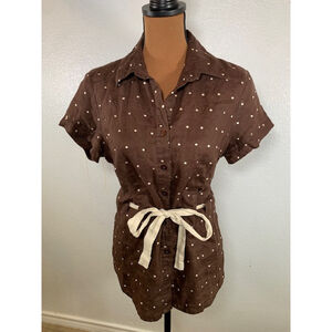 PRICE DROP! Women's Carole Little Blouse Top Size L Brown White Dots Linen